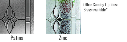 Niagara - Patina, Zinc and Brass caming options for decorative designer glass doors with professional estimates and installation at Turkstra Windows & Doors.